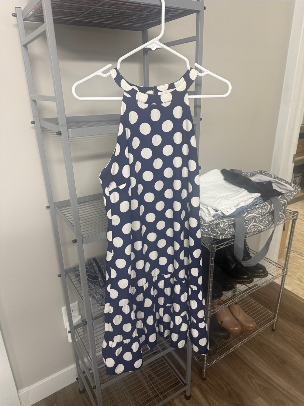 Blue dress with white polkadots